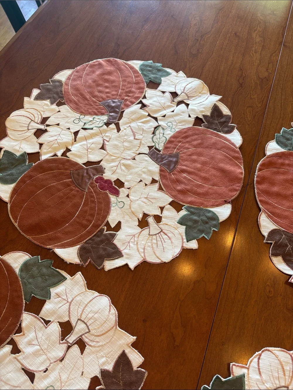 6 Round Placemats-Autumn Pumpkin Cutwork Placemat Set - Orange & Cream